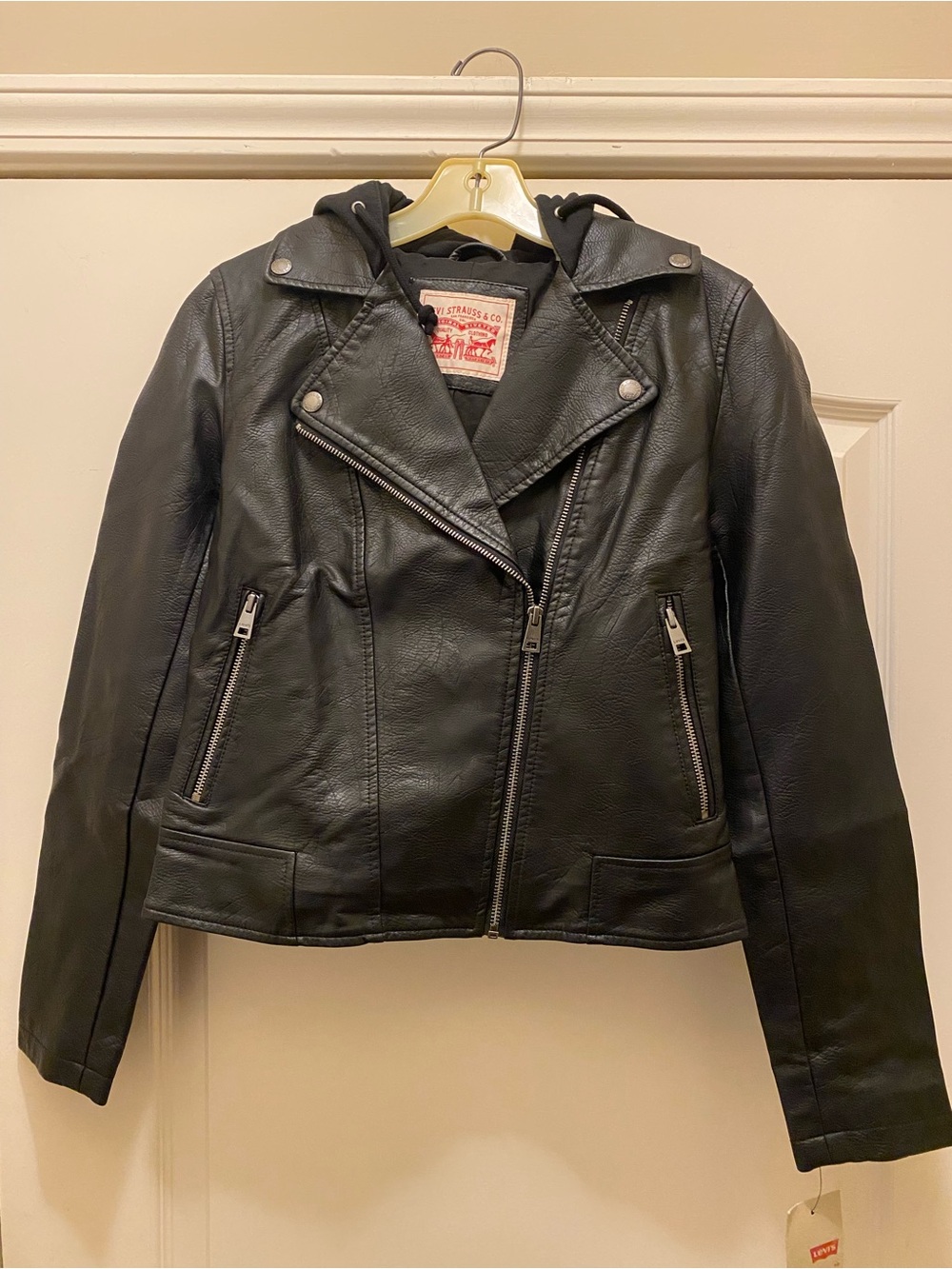Levi's Black vinyl Leather Moto Jacket with Hooded Insert - Zip Front